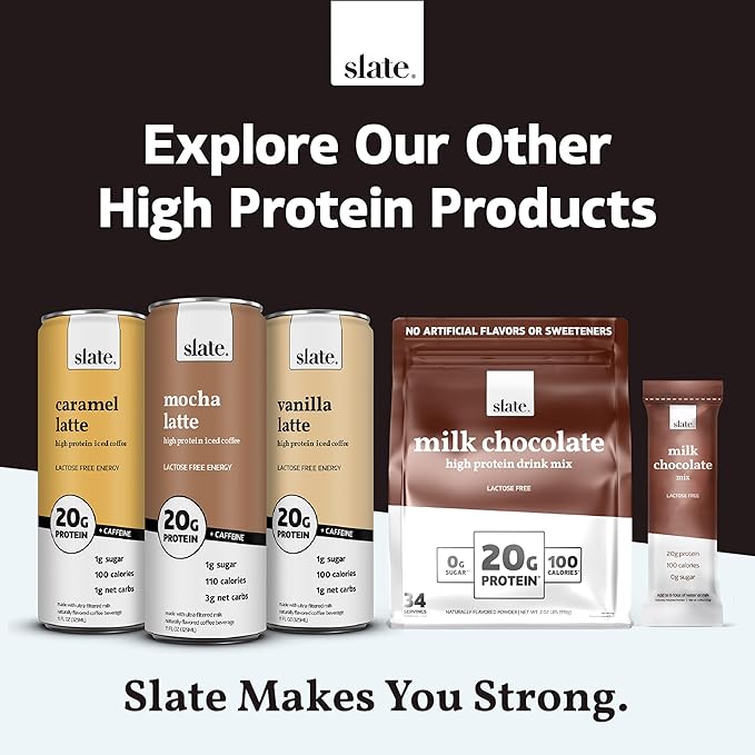 Slate Milk - High Protein Milk Shake - Dark Chocolate - Lactose Free, 20g Protein, 1g Sugar, 100 Calories, 1g Net Carbs, No Added Sugar - Natural, Breakfast Boost, Post Workout - 11 fl oz, 48 Cans