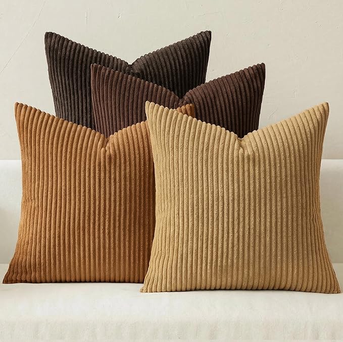 MIULEE Boho Farmhouse Throw Pillow Covers 18x18 Inch Set of 4 Rustic Mordern Neutral Cushion Covers Soft Corduroy Nordic Home Decor for Couch Bed Sofa Living Room Camel Brown