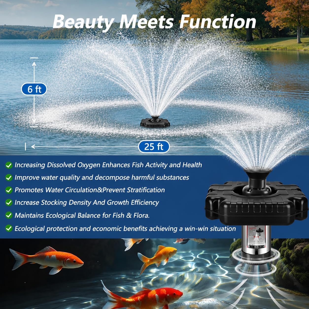 Burnvale Pond Fountain Aerator, 1HP 110V 750W Floating Pond Fountain, With 100 FT Power Cord，Waterproof Timer，2x100 FT Traction Rope，Floating Water Fountains for Ponds