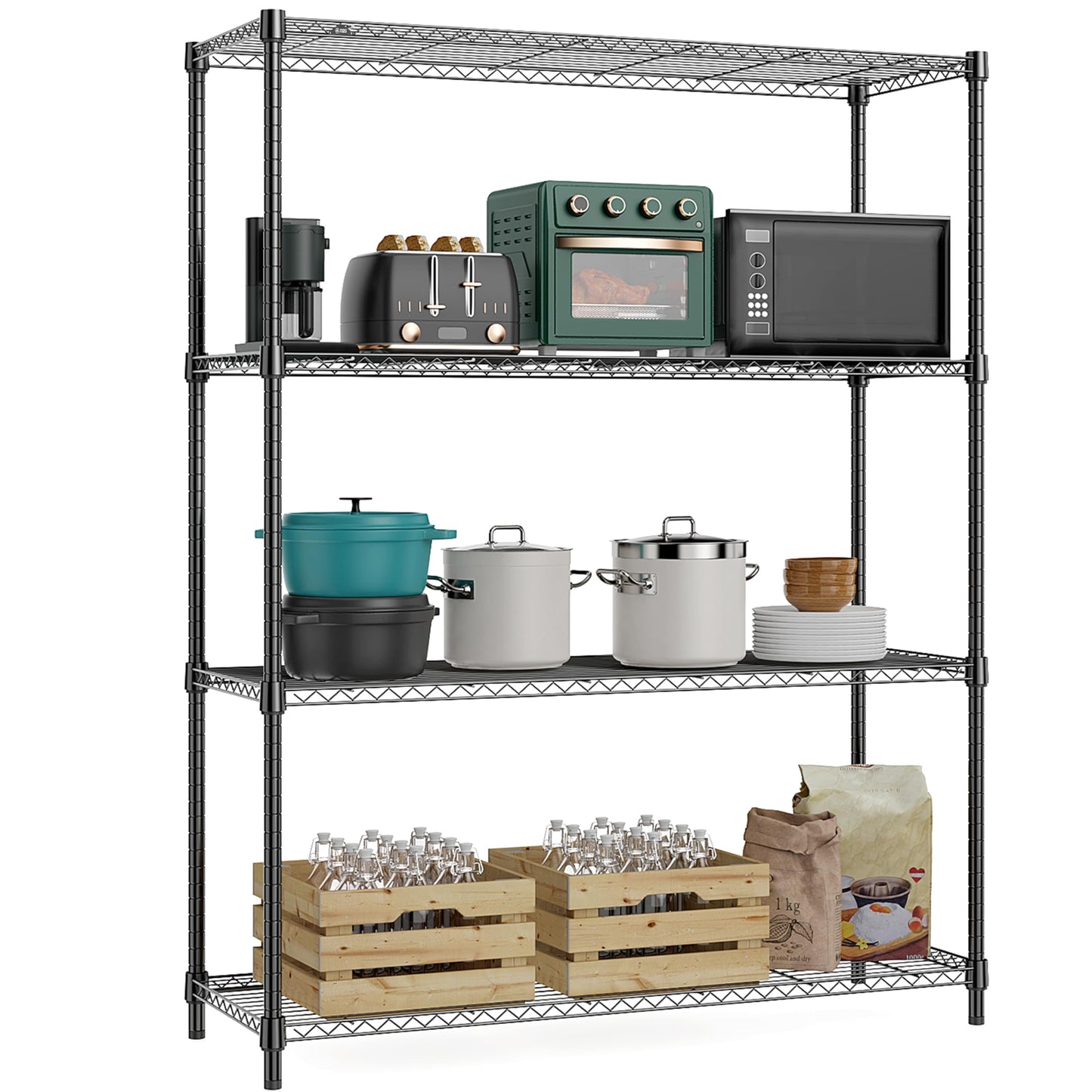 M MZG 1400 lbs 4 Tier Storage Rack Metal Wire Shelving Unit, Storage Standing Household Shelf Organizer for Kitchen Pantry Closet Garage Basement Utility Room, Black 15.8" D x 45.3" W x 59.4" H