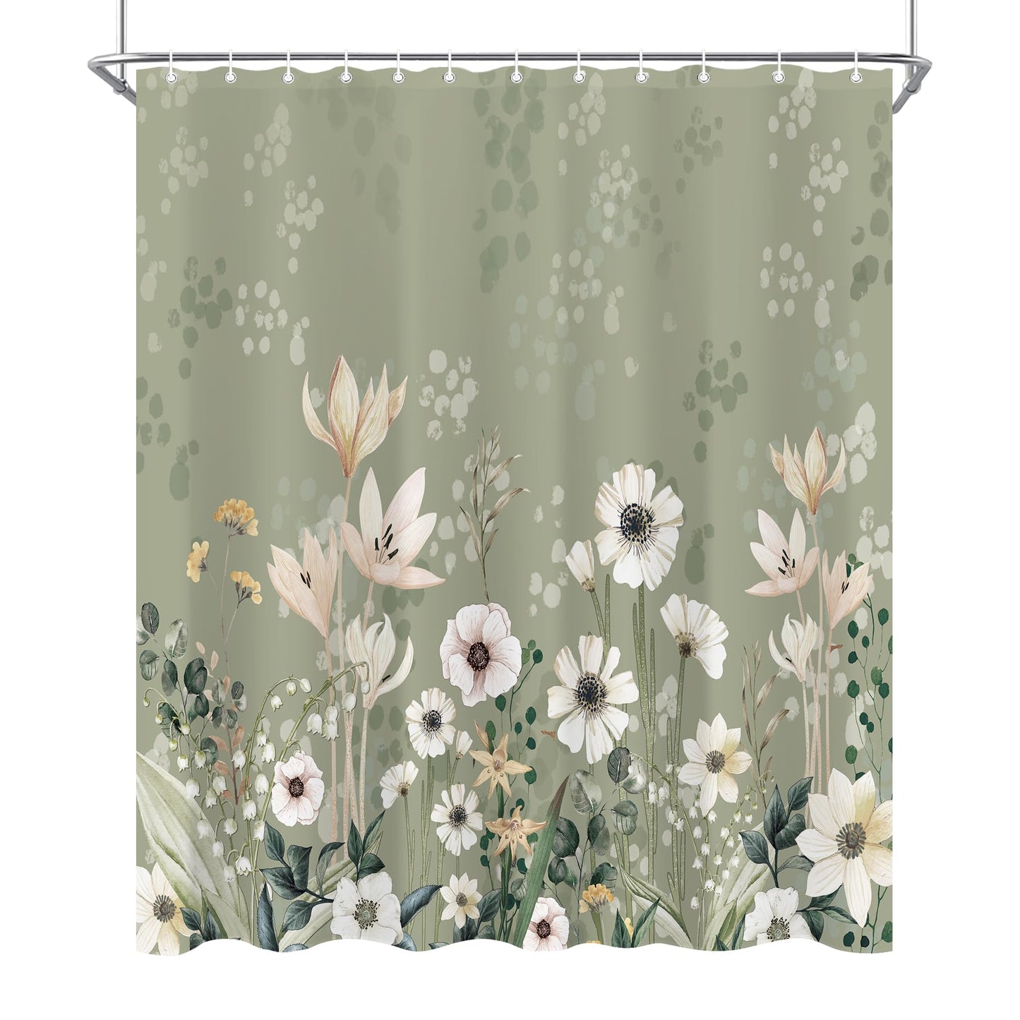 oolygoo Green Boho Floral Shower Curtain 60"X72" Flower Shower Curtain Set for Bathroom Plant Botanical Leaves Chic Pretty Waterproof Bathtub Curtain Decor Wildflower Bathroom Curtain with 12 Hooks