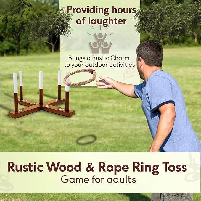 Outdoor Ring Toss Game for Adults - Perfect Lawn and Backyard Game for Adults and Family - Outdoor Yard Games for Fun Activities on Easter and Festivals - Wooden Ring Toss with Carrying Case