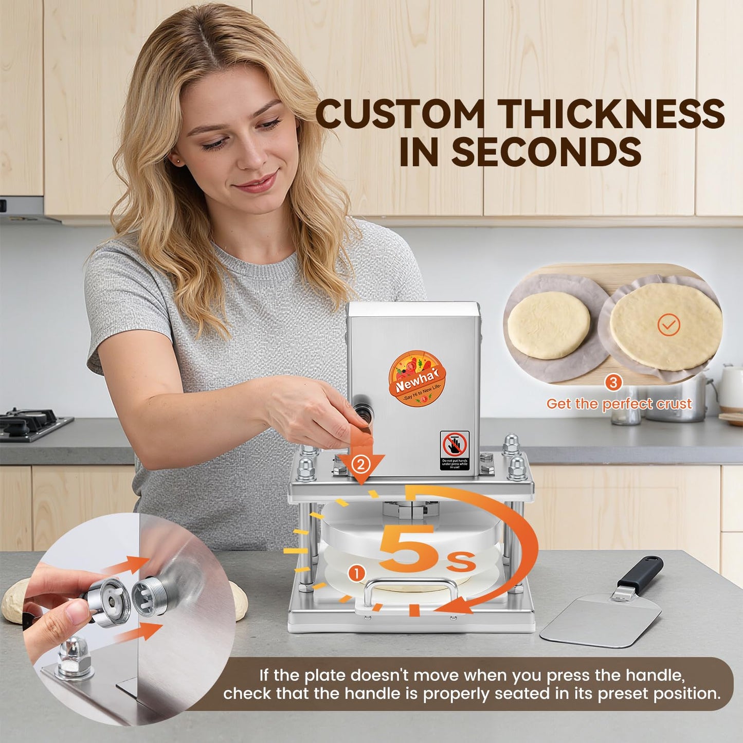 Newhai 8.6” Electric Pizza Dough Press Machine Commercial Dough Roller Sheeter Stainless Steel Pastry Bread Press Forming Processor for Bakery Home Restaurant Use