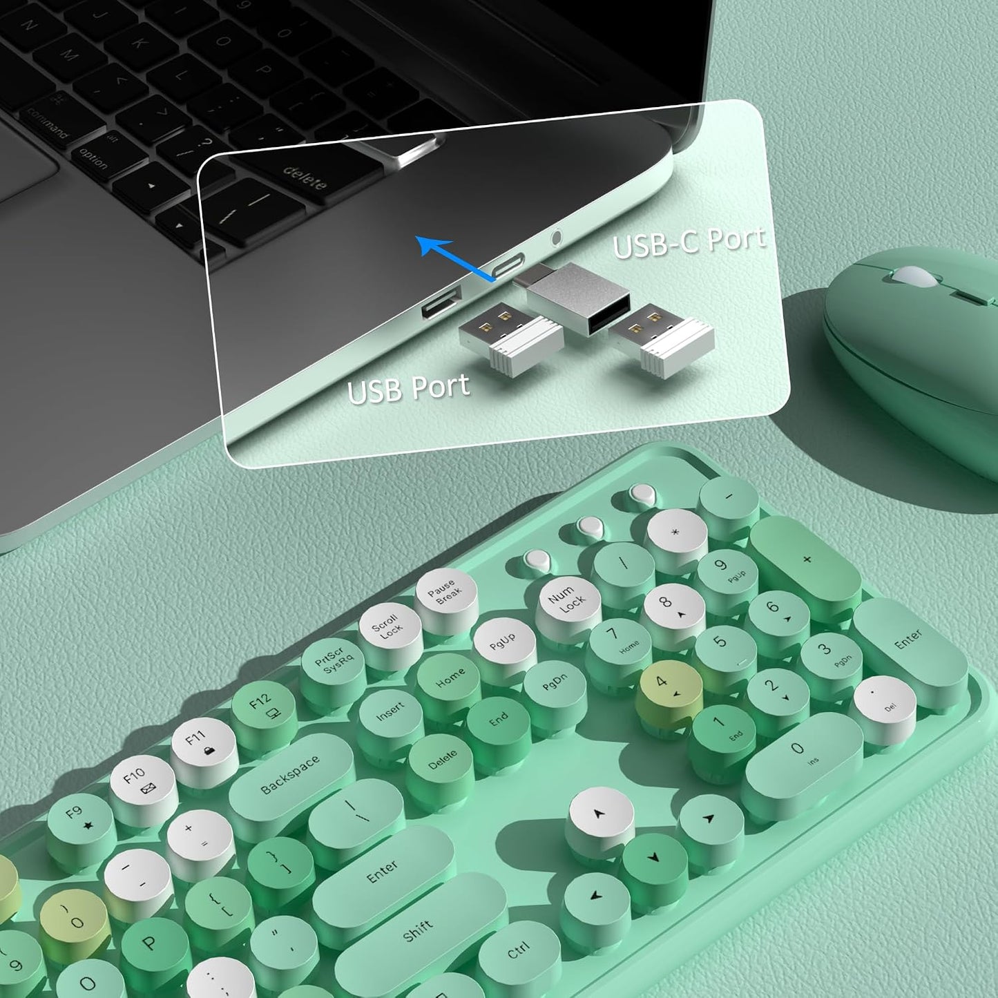 COVEVA 2.4GHz 104 Set Colorful Wireless Keyboard and Mouse Combo, Wireless Retro Cute Round Keycaps Keyboard, Keys