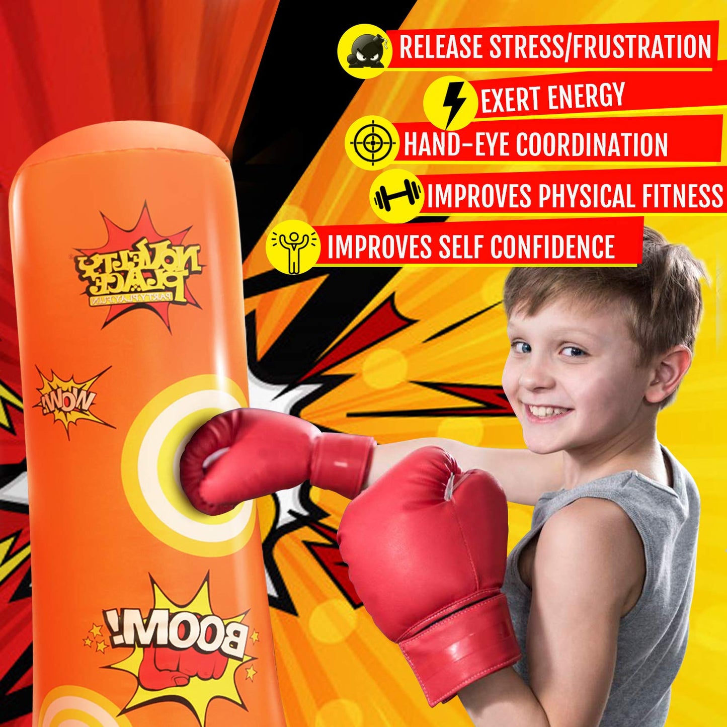 Novelty Place Kid's Inflatable Punching Bag - 4 Feet Tall Free Standing Buddy - Hit & Bounce Back Air Bop Toy Fun for Boys Girls Fitness & Stress Relief