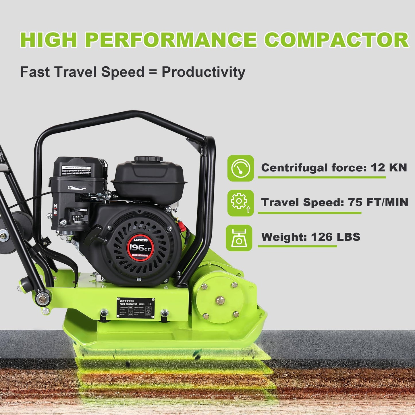 BETTERI Plate Compactor 6.5HP with 196cc 5400 VPM Gas Engine, 20"x15" Compactor Plate Machine, 2500 lbs Compaction Force Plate Tamper, Soil Compactor Machine for Pavers, Walkways, Yard