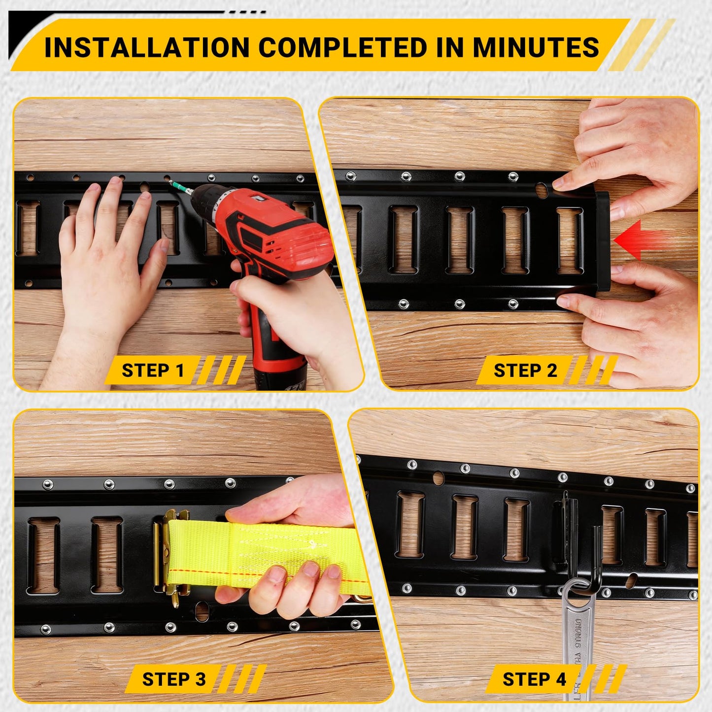 LEVELEVE E Track Rail Tie-Down Kit, 20PCS 10FT Heavy Duty Set, Includes 4 Steel Rails & 4 O Rings & 4 D-Ring Tie-Offs & 6 End Caps & 2 Ratchet Straps, Cargo Tie-Down System for Trucks, Vans & Trailers