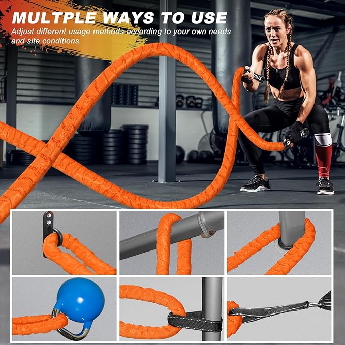 Battle Ropes for Home Gym 1.5Inch Diameter 30 FT Lengths Workout Heavy Battle Ropes for Exercise Training Weighted Rope for Working Out Exercise Equipment with Protective Cove - Orange