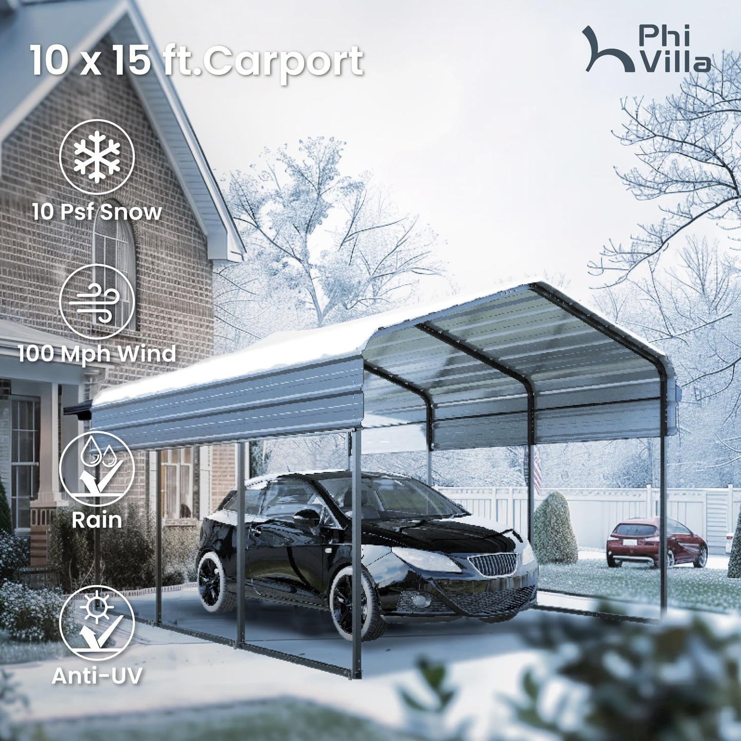 PHI VILLA 10x15 ft Carport, Metal Carports Canopy with Sidewalls Heavy Duty Car Port Portable Garage with Galvanized Steel Roof Multi-Use Shelter, Sturdy Car Ports for Cars, Boats and Tractors