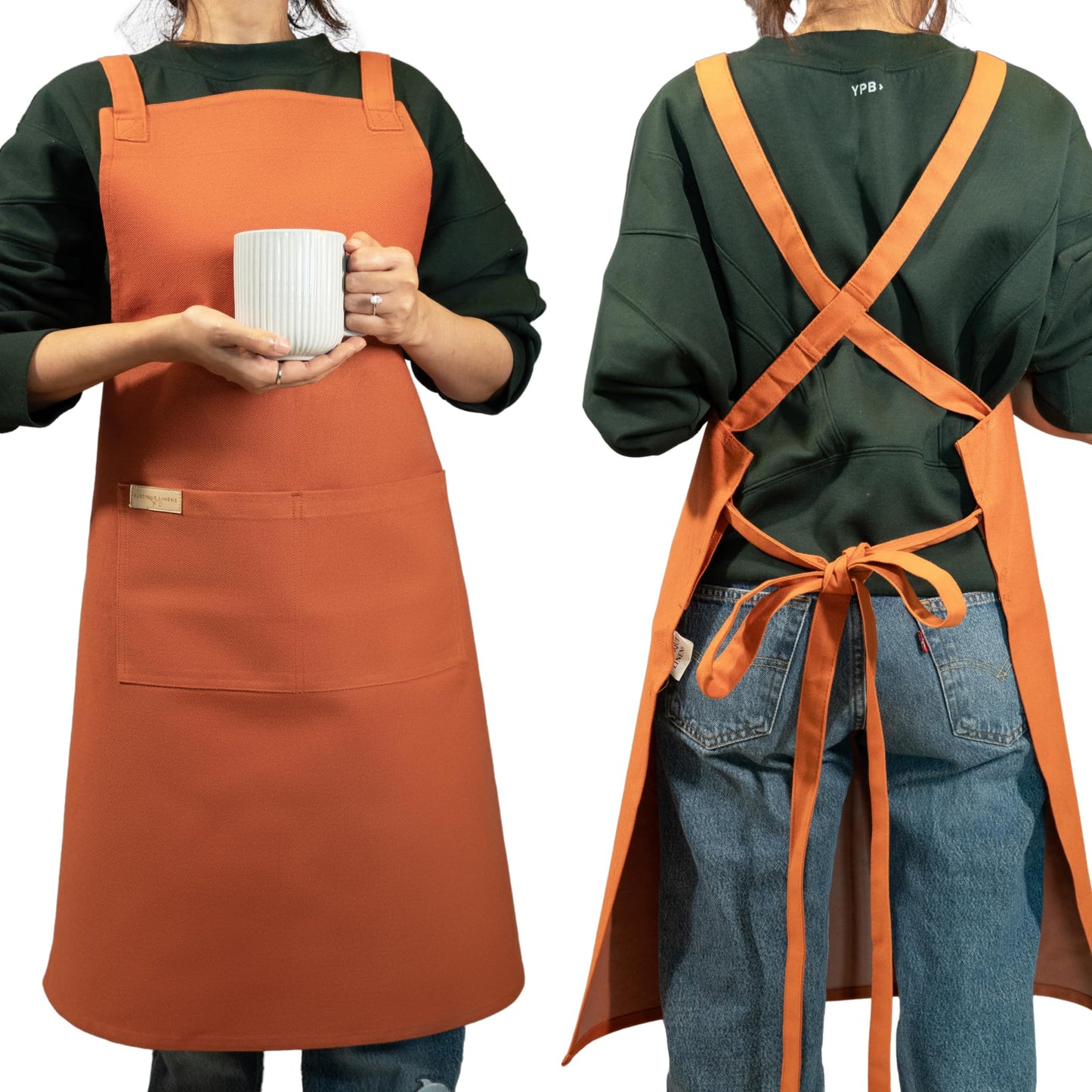 RUSTIQUE LINENS Ochre Cotton Cross Back Apron with Waterproof Inner Membrane and 2 Pockets for Men and Women – Adjustable Water Resistant Chef Apron for Cooking, Baking, BBQ, or Work