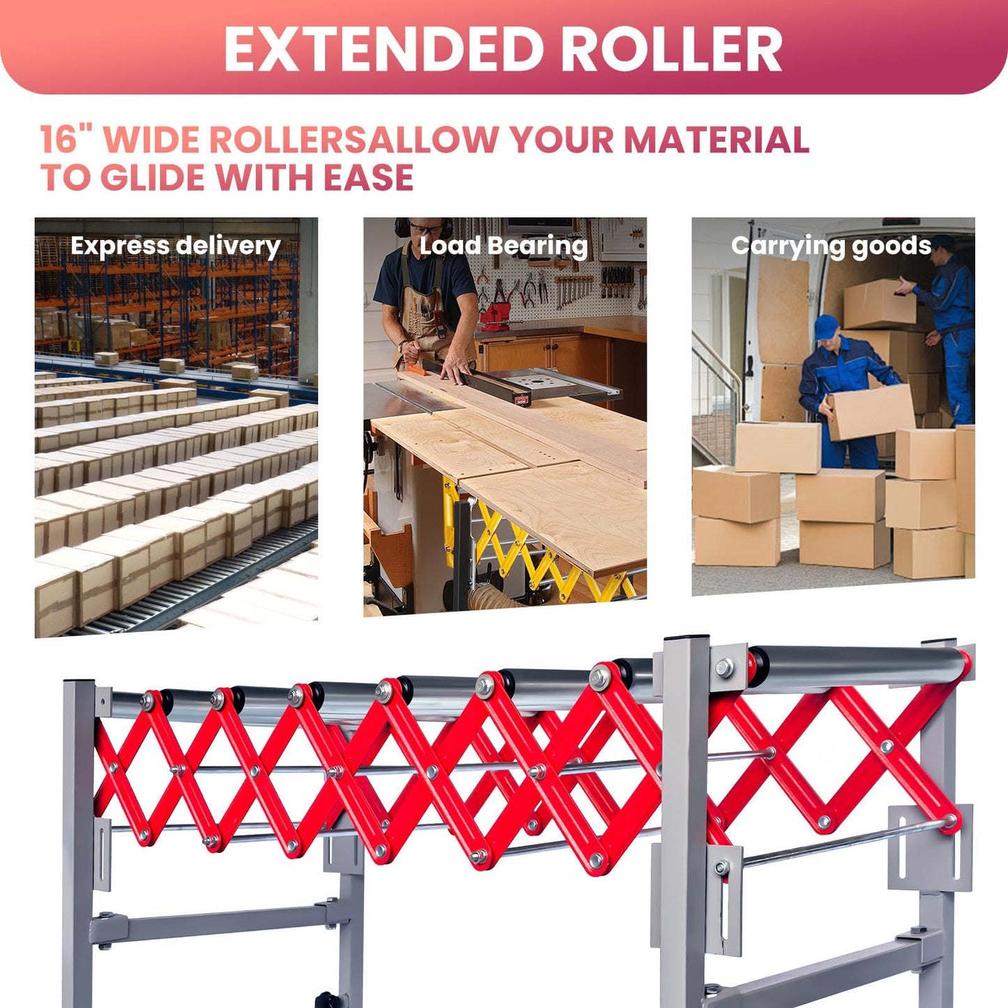 Expandable & Connectable Roller Conveyor 980LBS Capacity, 15.7" Wide Adjustable Conveyor Belt for Warehouse, Workshop, Infeed/Outfeed Table, Industrial Handling