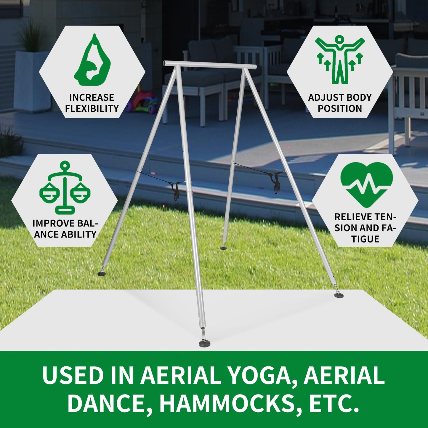 KUAFU 9.6 FT Portable Stand Yoga Swing Stand 551 LBS Aerial Yoga Frame Yoga Sling Inversion Equipment Steel Silvery for Indoor and Outdoor Triangle Structure