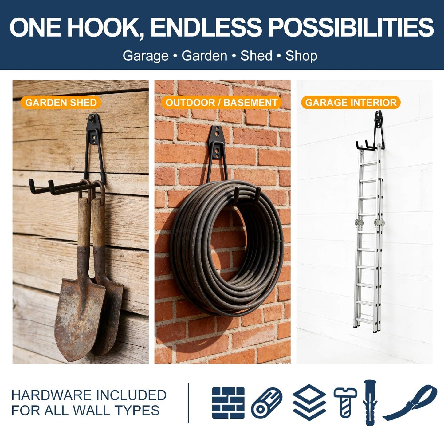 BRCRXW Garage Hooks Heavy Duty, 4 Pack Wave Steel Garage Storage Hooks with Anti-Slip Coating, Multi-Purpose Ladder Hooks for Hanging Garden Tools, Hoses, Bikes and Folding Chairs (Orange)