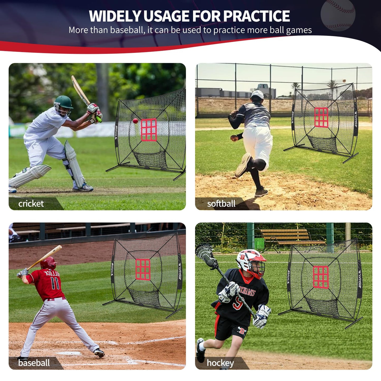 BAGAIL 7x7 ft Extra Large Baseball & Softball Training Net with Batting Tee, Heavy Duty Reinforced Steel Frame, Oversized Hitting Zone for All Levels, Portable Backstop with Carry Bag