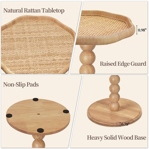 FASNAHOK Drink Table, Boho Rattan Flower Small Side Table for Small Spaces, Solid Wood Modern Nightstand for Living Room, Bedroom, Farmhouse, Corners