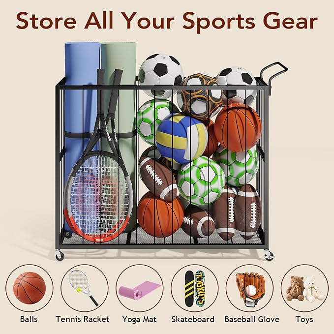 Ball Storage Bin Rolling Sports Ball Cart, Metal Garage Organizer Sport Rack, Ball Basket Storage, Ball Cage for Garage or Gym, Indoor & Outdoor Sports Equipment Organizer