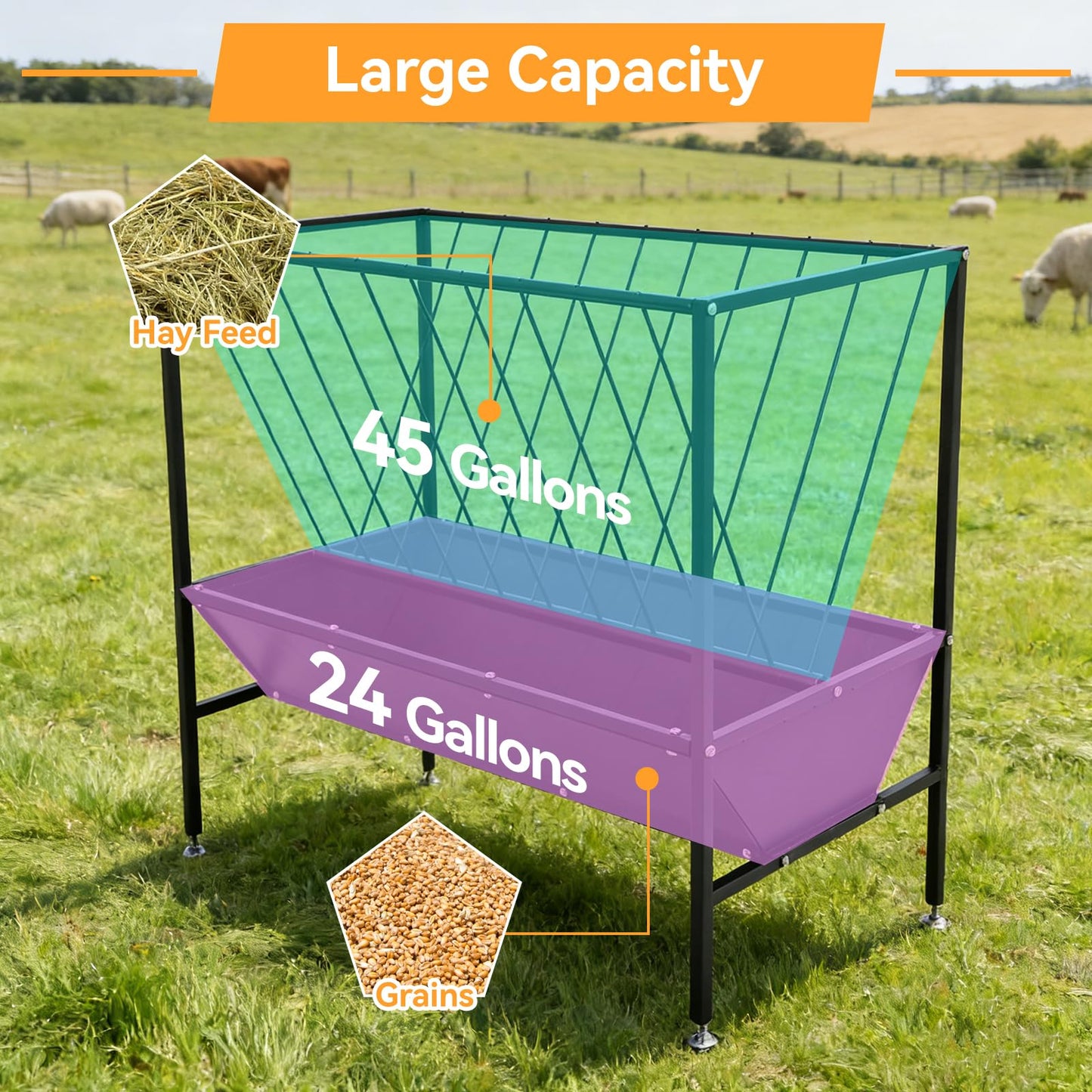 FULUPET 70 Gallon Pasture Hay Feeder, Heavy-Duty 2-in-1 Livestock Feeder with Grain Trough, Galvanized Steel Hay Rack for Goats, Sheep, Calves & Miniature Horses, Weather Resistant Farm Manger