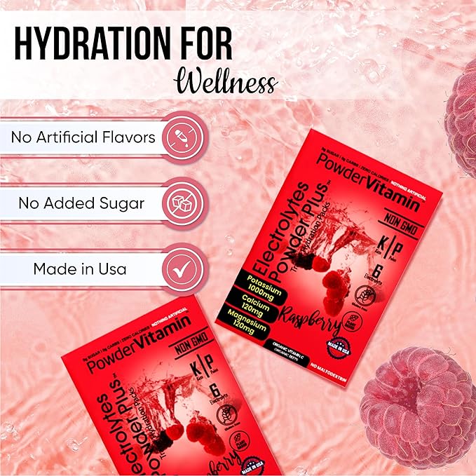 PowerVitamin Electrolytes Powder Packets - Raspberry - Keto Electrolytes for Daily Energy - Hydration Powder with 1000mg Potassium, 120mg Magnesium, Zero Calories - 30 Hydration Packets