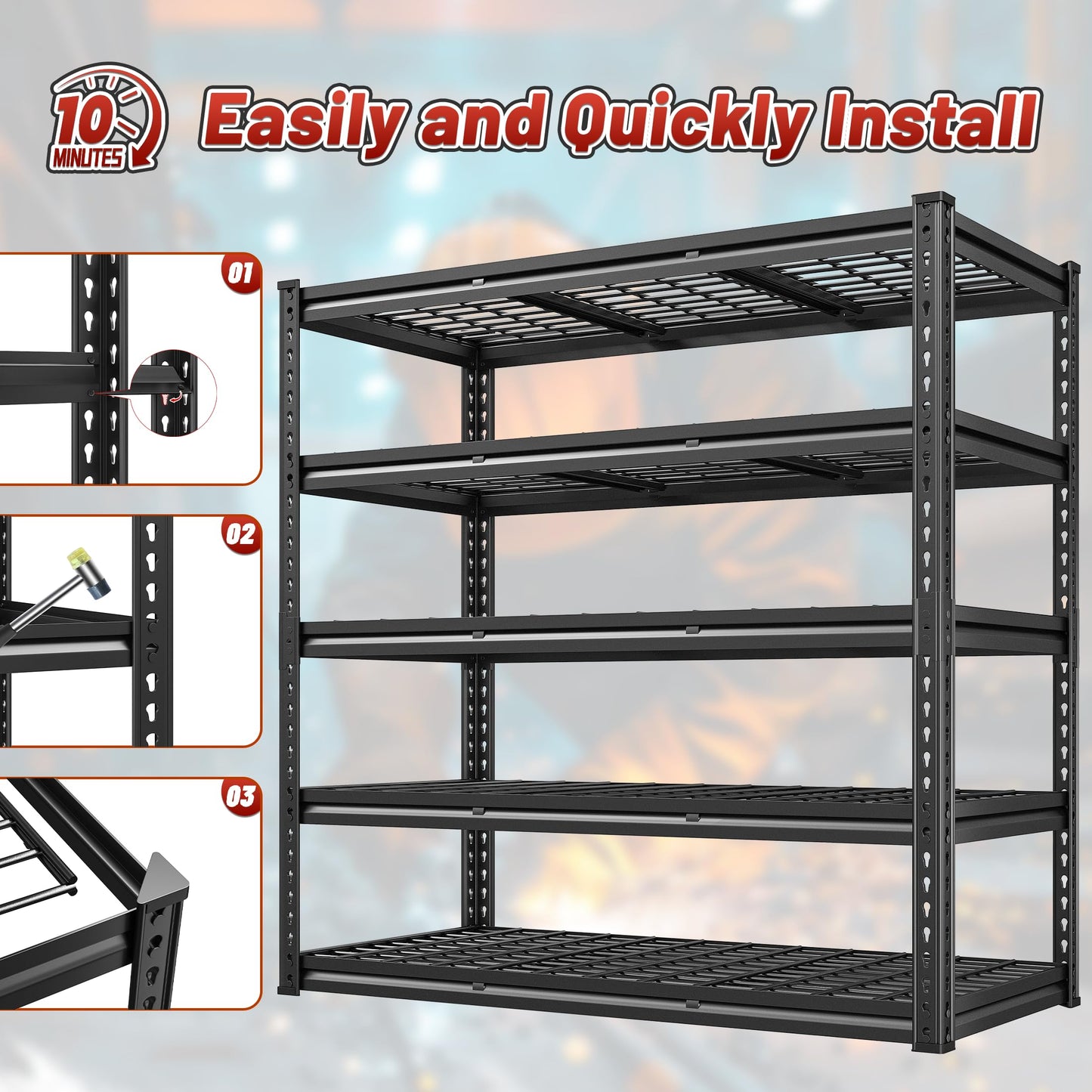 REIBII 3050LBS Garage Shelving Storage Shelves Heavy Duty 5-Tier Adjustable Metal Shelving Easy Assembly Storage Shelf for Garage Basement Warehouse Pantry, 48.2" W X 24.1" D X 72.2" H