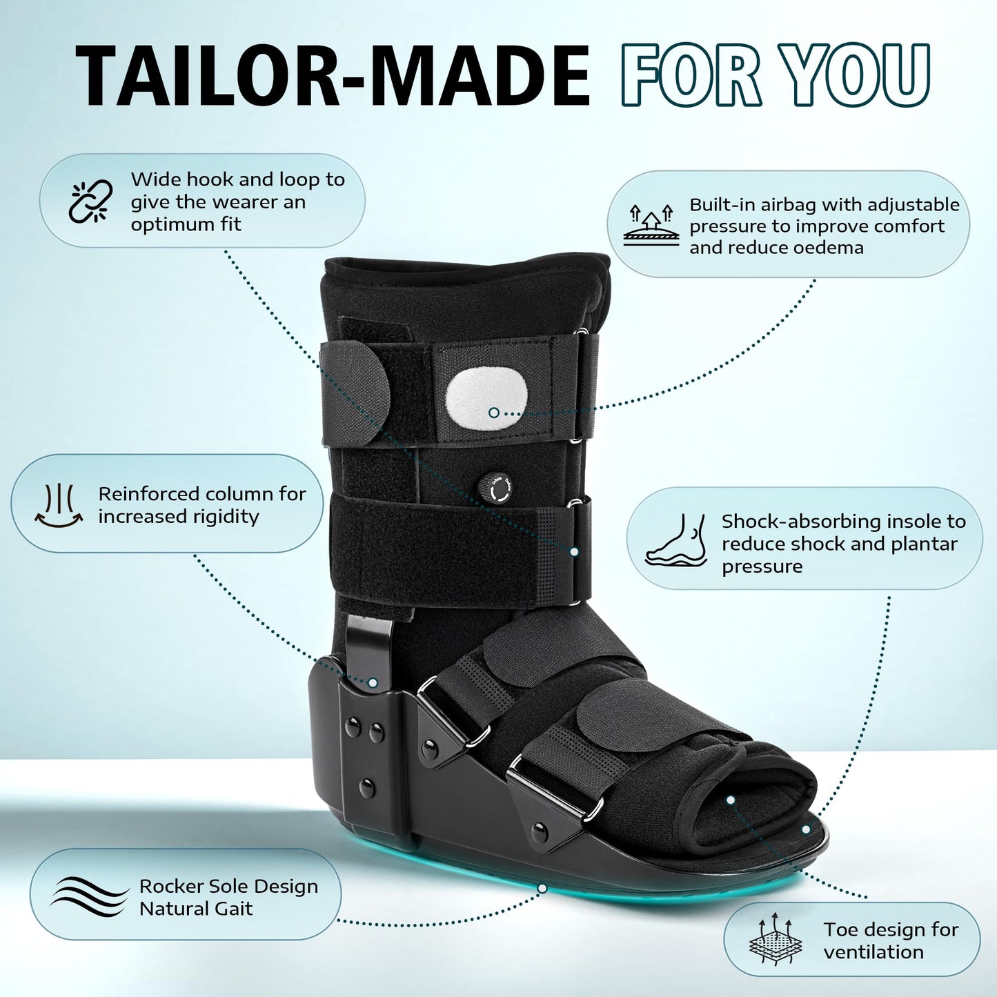 Medibot Advanced Walking Boot for Ankle Injuries & Fractures Adjustable Air Splint with Pump, Medium Black, Fits Shoe Size 6-10'', Men and Women