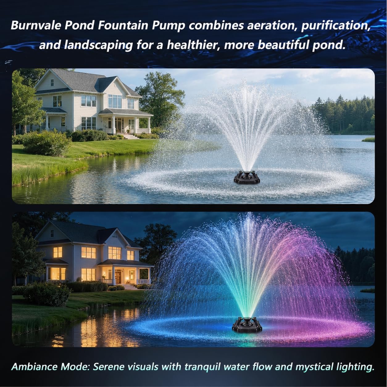 Burnvale Pond Fountain Aerator, 1HP 110V 750W Floating Pond Fountain, With4 RGB Lights，100 FT Power Cord，Waterproof Timer，2x100 FT Traction Rope，Floating Water Fountains for Ponds