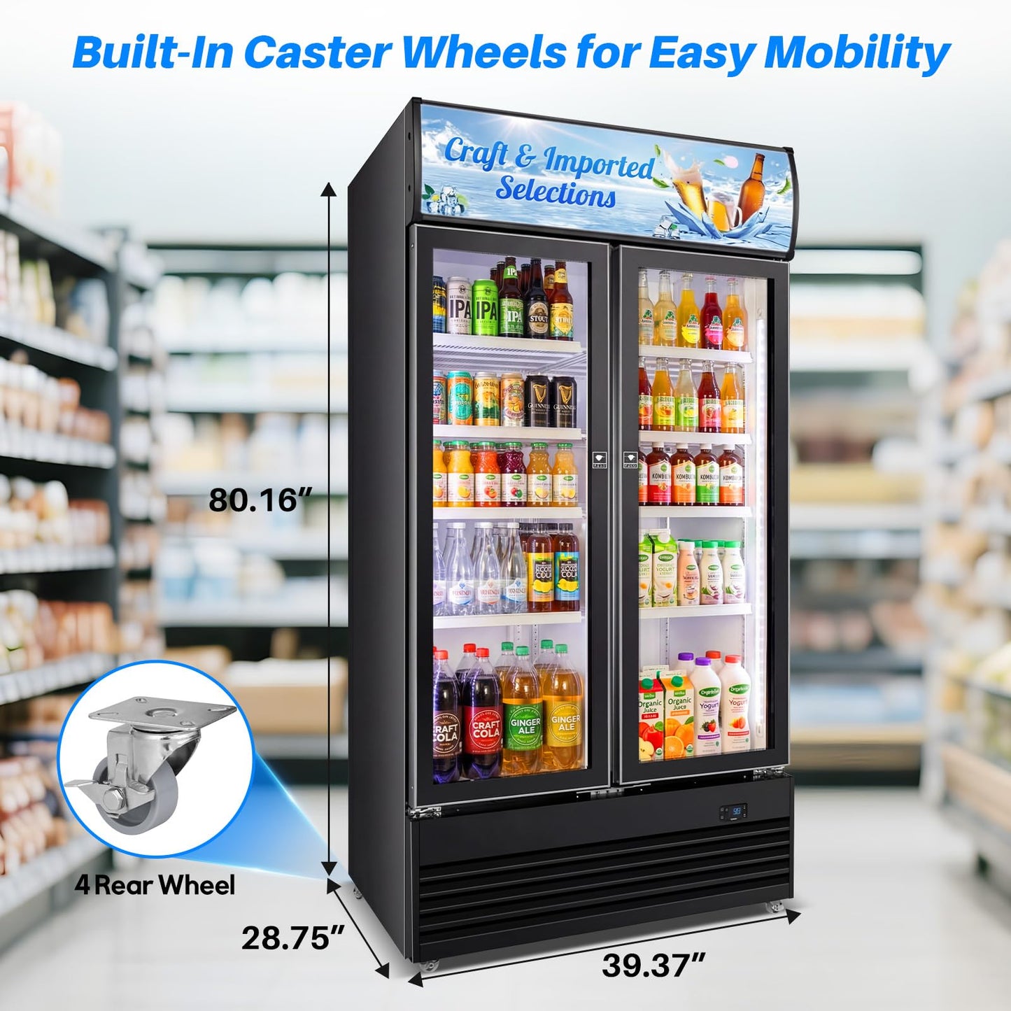 Velivi Commercial Display Beverage Fridge, 40″ Double Glass Door Refrigerator, 28.1 Cu.Ft Large Capacity with 8 Adjustable Shelves, Upright Cooler for Shop, Bar & Restaurant