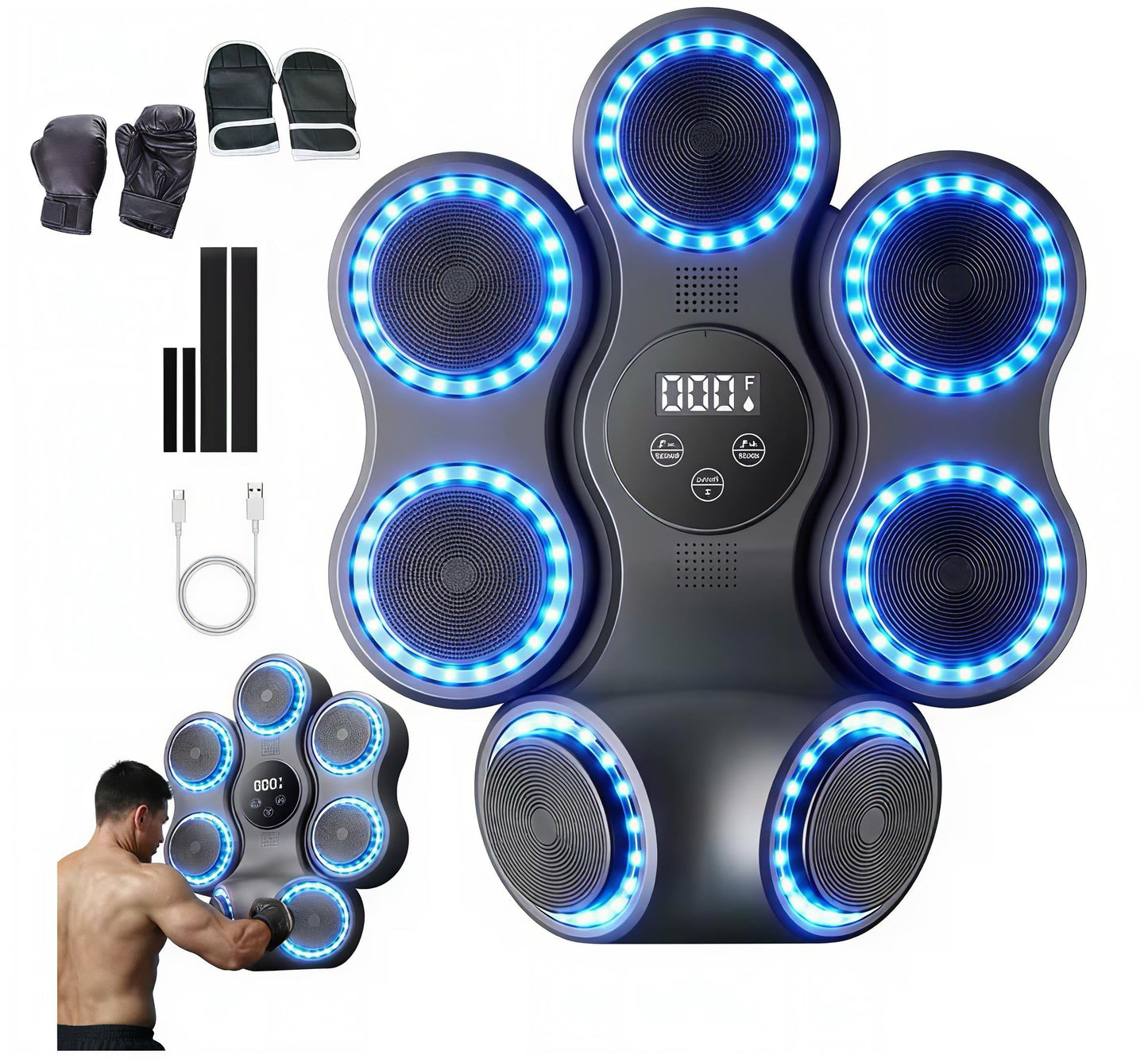 Music Boxing Machine with Gloves, Wall Mounted Punching Trainer with LED Light Up Targets, Bluetooth Rhythm Reaction Training Pad, 11 Modes & 9 Speeds for Adults & Kids Home Fitness & Stress Relief