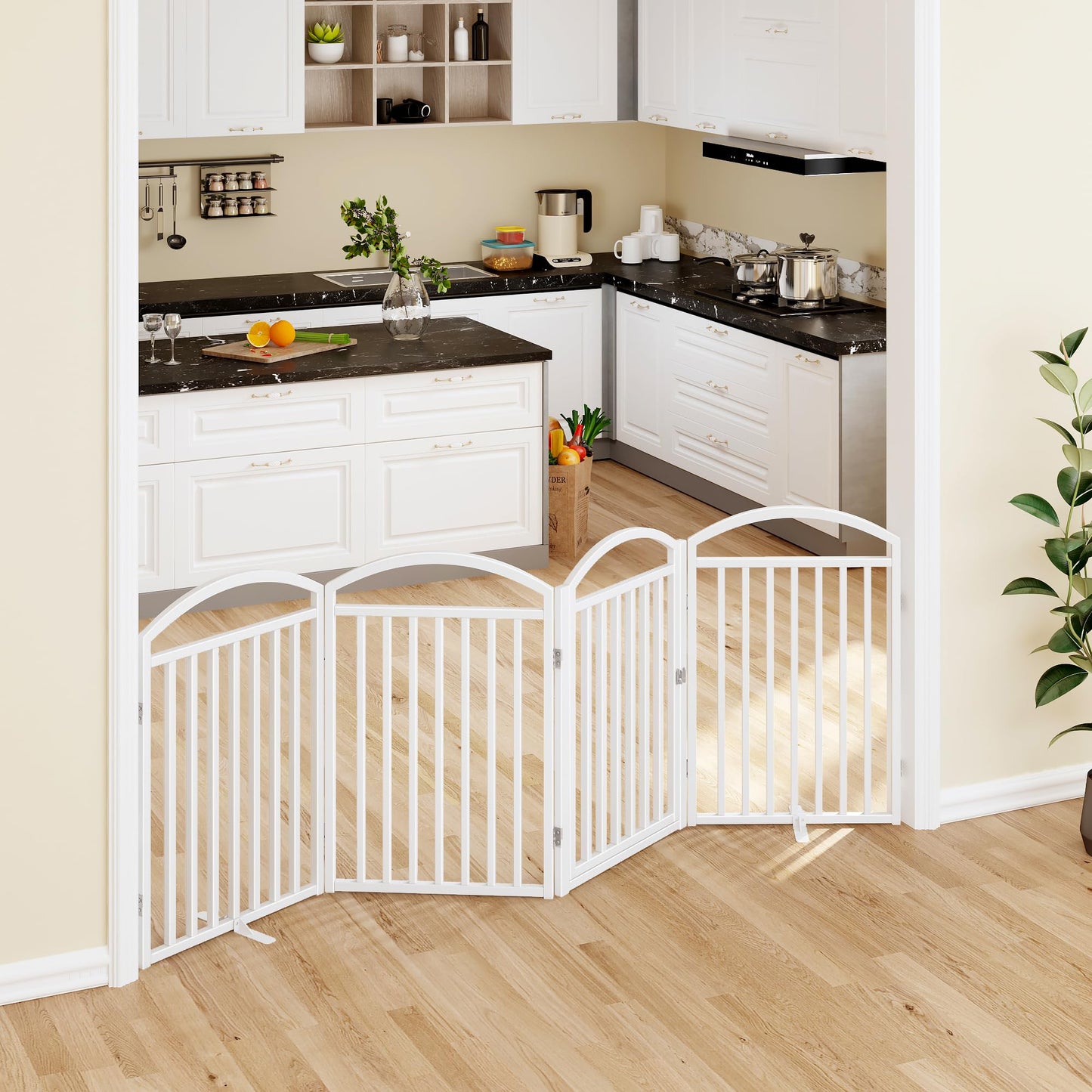 THKKY Folding No-Assembly Freestanding Dog Gate with Door,32" Heights Foldable Pet Fence,96" Extra Wide Accordion Puppy Folding Playpen for Doorways,House,Stairs (4 Panels,White)