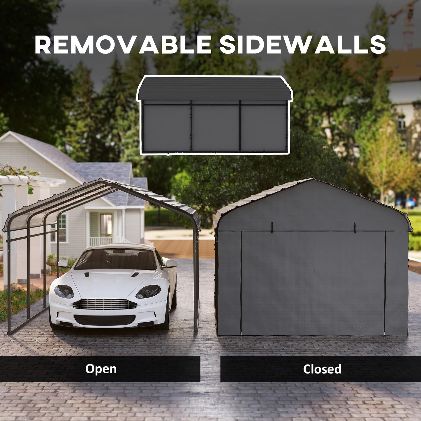 Outsunny 10' x 15' Heavy Duty Metal Carport, Waterproof Garage Car Canopy Shelter with Galvanized Metal Roof and Removable Sidewalls for Cars, Boats, Tractors, Dark Gray