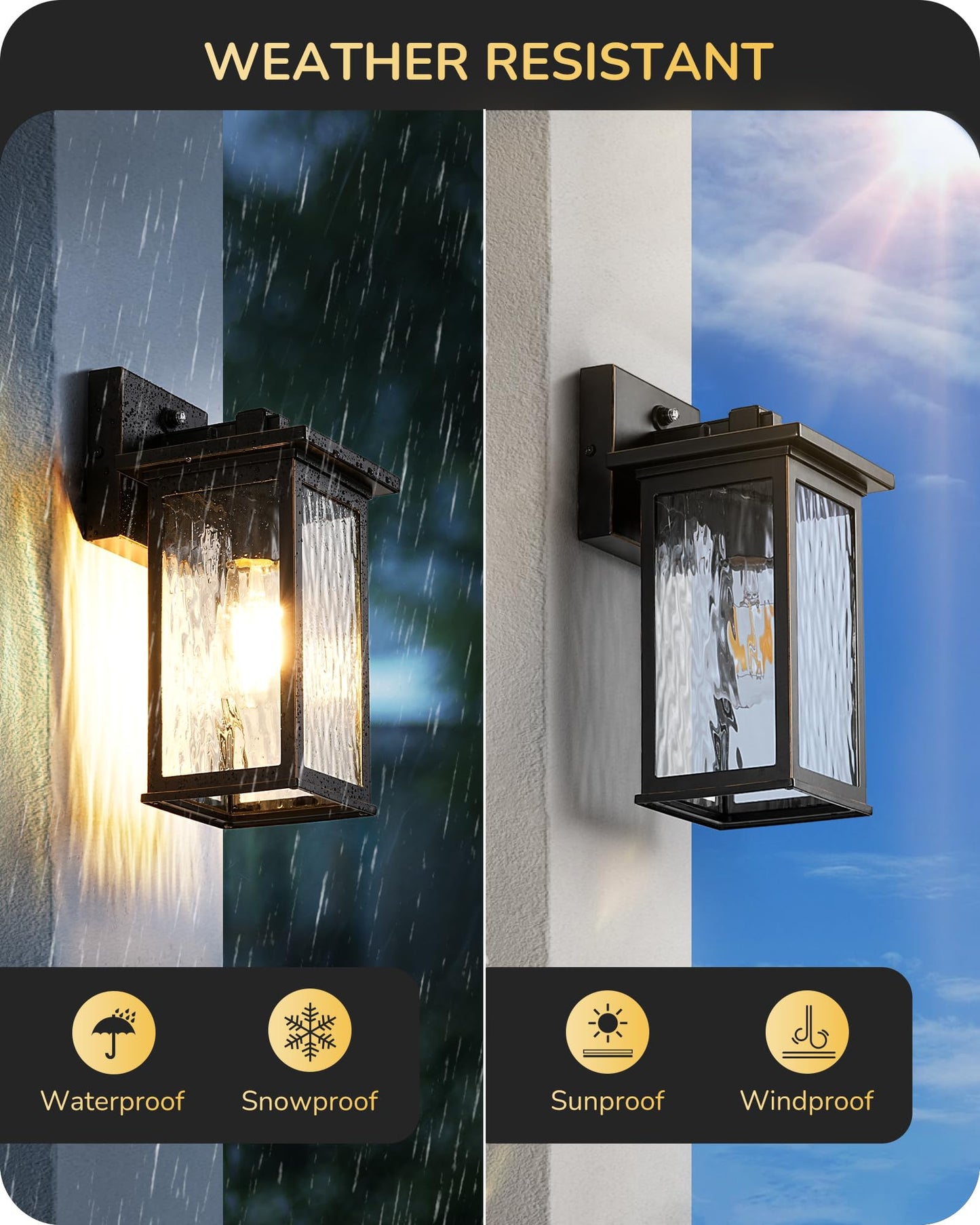 EDISHINE Outdoor Wall Light, Modern Dusk to Dawn Fixture, Aluminum, Black, Clear Water Ripple Glass, Model HOWL06T