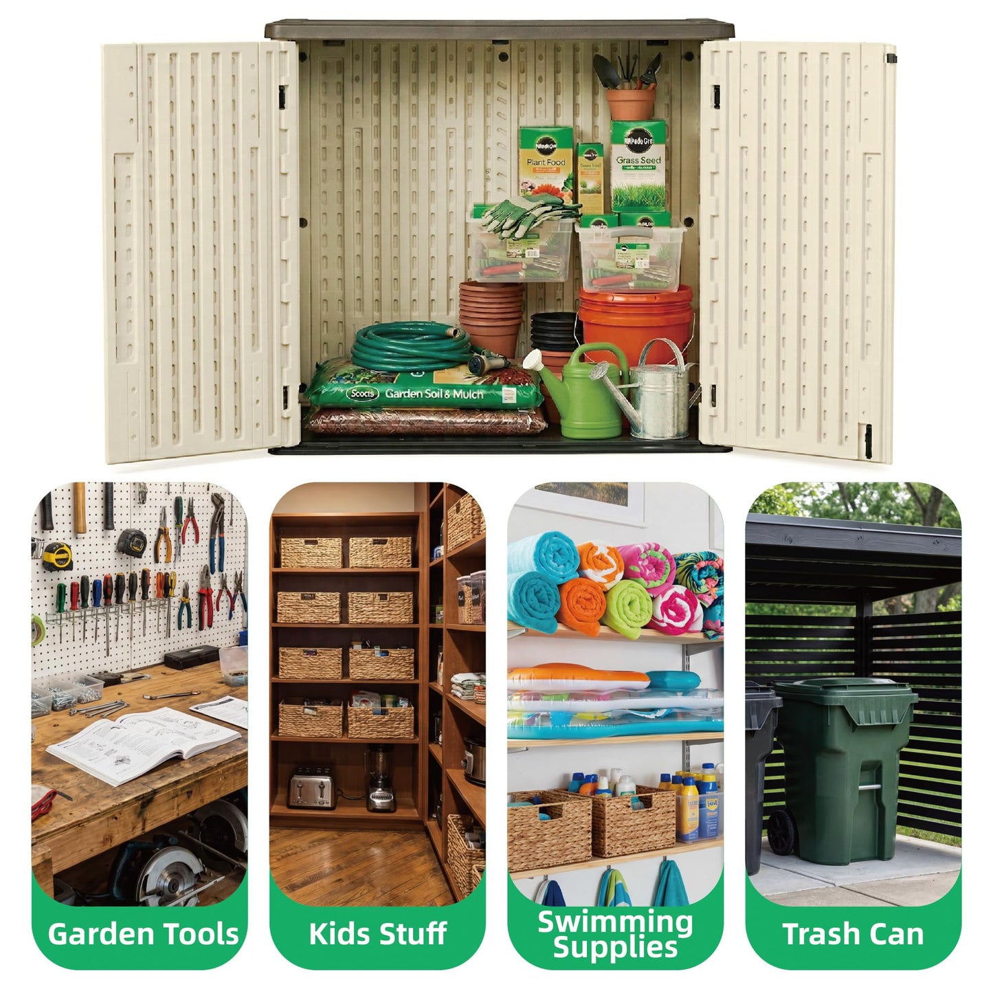 Allpop Outdoor Storage Shed, 31 Cu.Ft Resin Horizontal Storage Cabinet for Trash Cans, Patio & Garden, Khaki