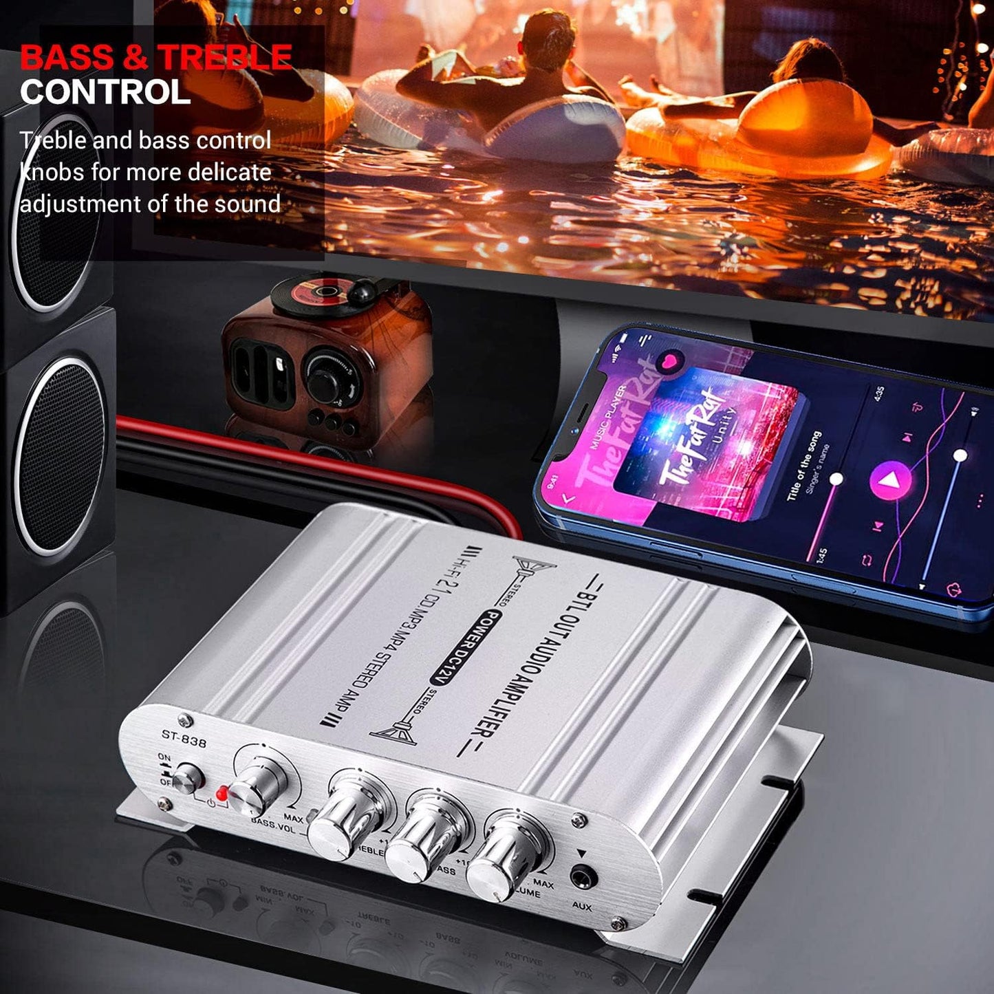 Facmogu ST-838 2.1CH 20Wx2+40W 80W DC12V Audio Power Amplifier, RMS Class D Stereo Digital Audio Amp with Subwoofer