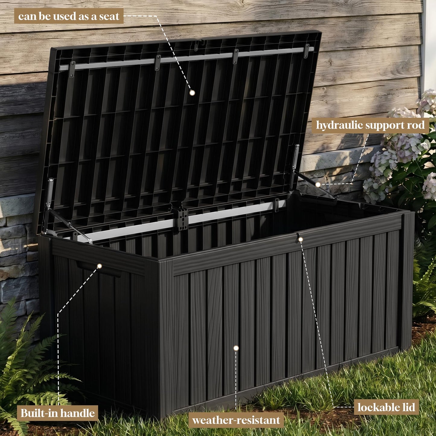 ROJIK 150 Gallon Outdoor Storage Box Waterproof,Weatherproof Deck Boxes Outdoor Lockable,Resin Outside Storage Box for Garden Tools,Cushions,Pool Accessories(Black,150 Gal)