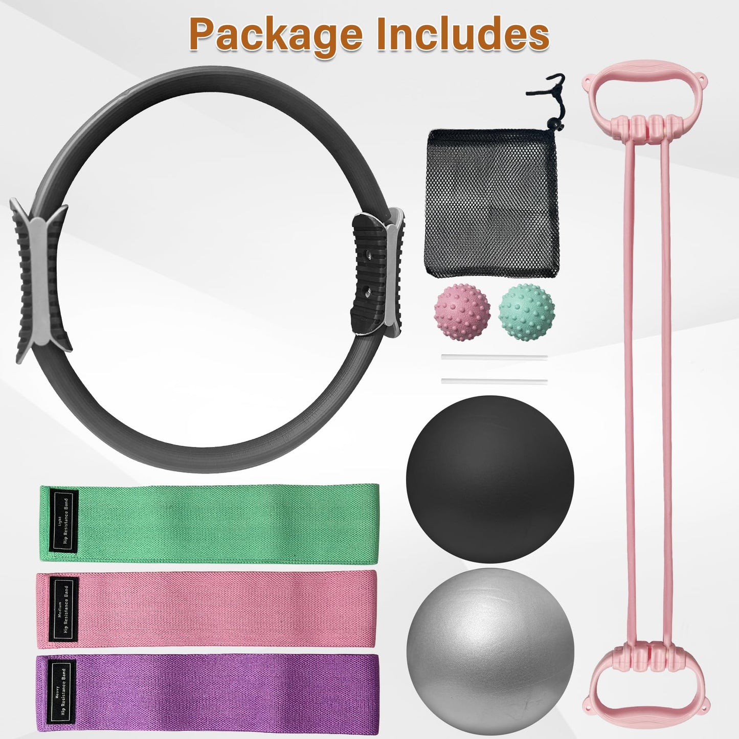 NEBORASTEP Home Pilates Kit, 15-Inch Pilates Ring with 2 Pilates Ball,2 massageballs,3 Resistance Bands for Toning Arms, Thighs/Legs & Core,1 Detachable Tension Strap