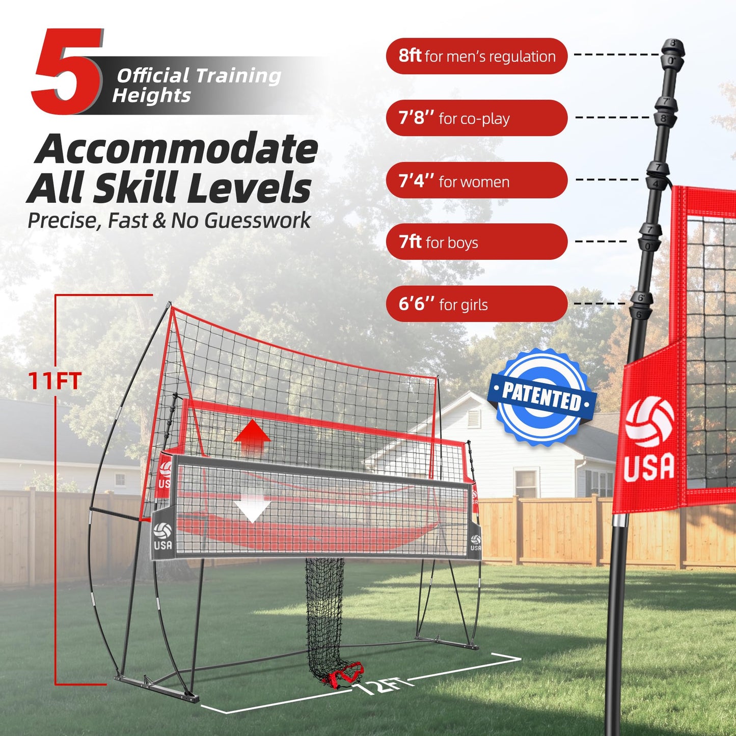 JOLORLY 2-in-1 Volleyball Practice Net Station with Patented 5-Height (6'6'' to 8'), Heavy Duty Training System for Hitting Spiking Serving, Backyard Indoor Outdoor Trainer Equipment (12x11 ft Red)