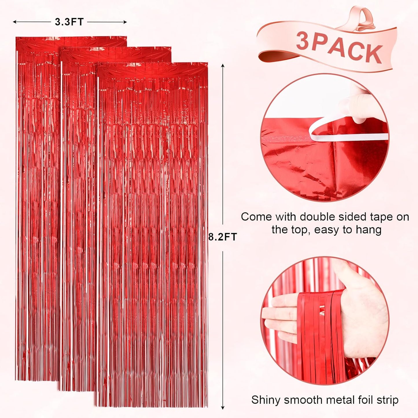 Voircoloria Laser Red Foil Fringe Backdrop Curtains - 3 Pack, 3.3 x 8.2 ft | Perfect for Parties & Celebrations
