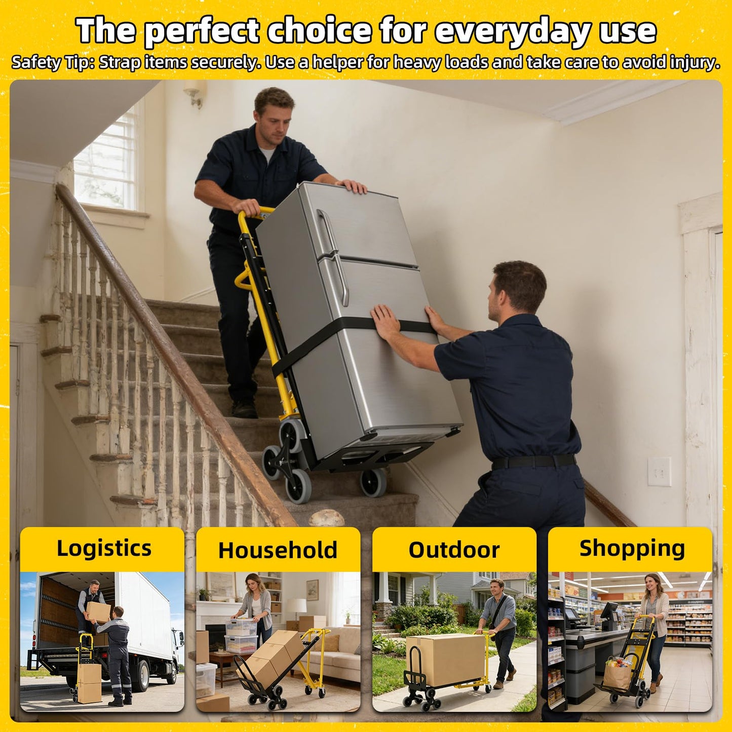 4 in 1 Convertible Hand Truck Dolly Cart with Wheels, 1000Lbs Capacity, Heavy Duty Stair Climbing Hand Trucks with Bungee Cord & Strap for Flat Ground & Stairs, Logistics, Home, Office, Yellow