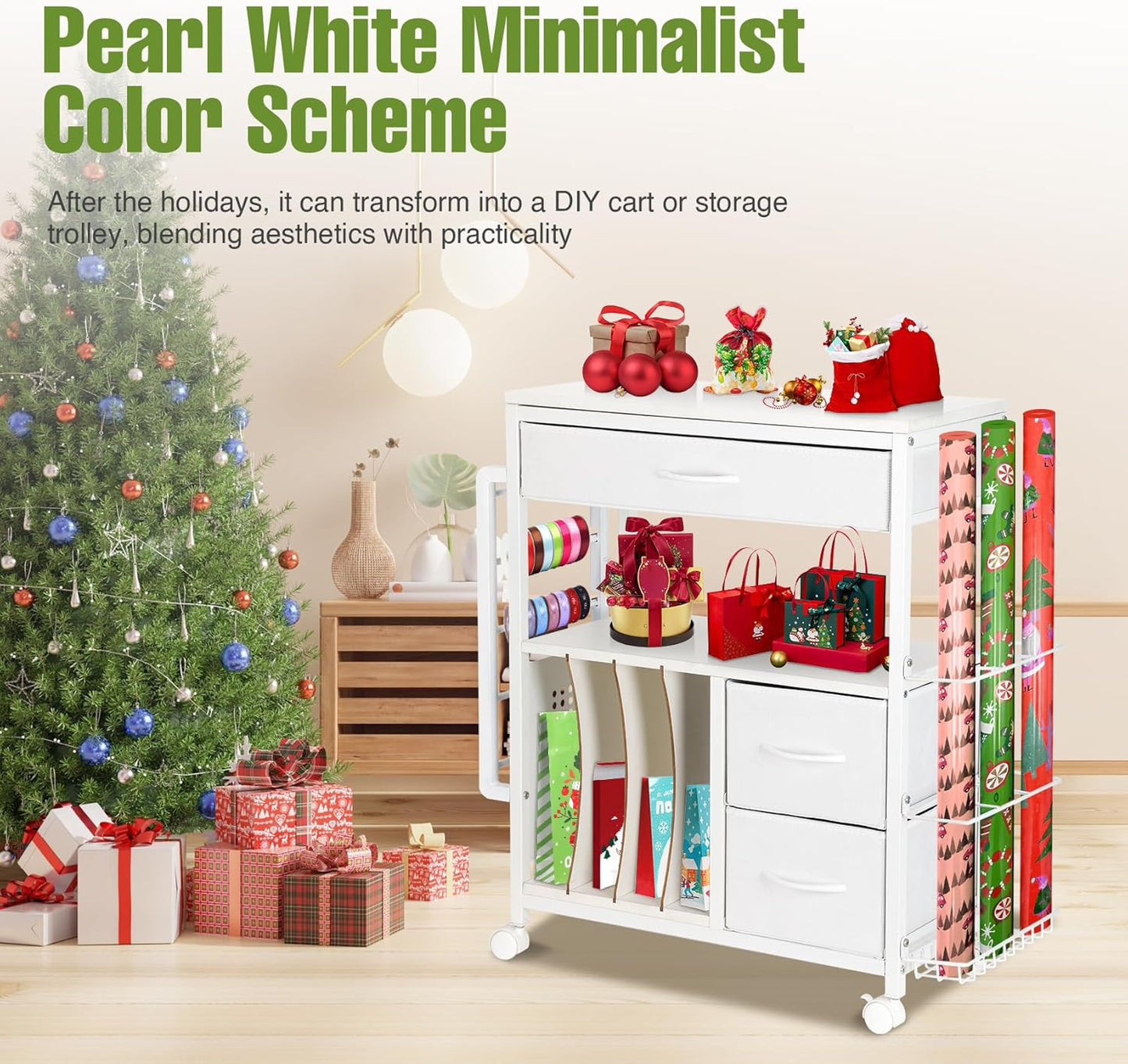 Vikua Gift Wrapping Cart - 3-Tier Portable Station with Ribbon & Bag Storage | Perfect for Christmas