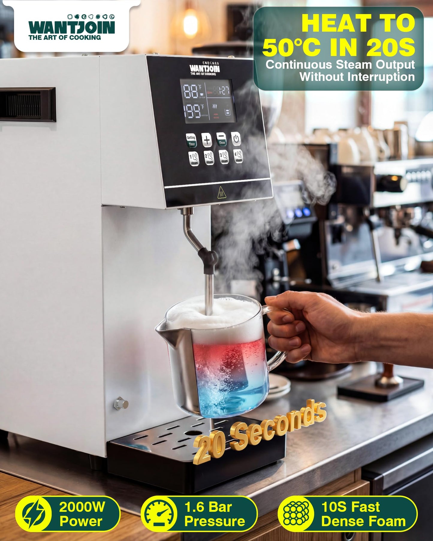 WantJoin Commercial Milk Frother - 2000W Milk Steamer for Latte Cappuccino Coffee, Beverage Heater with Hot Water Dispenser & LED Display, Hotel Use (White)