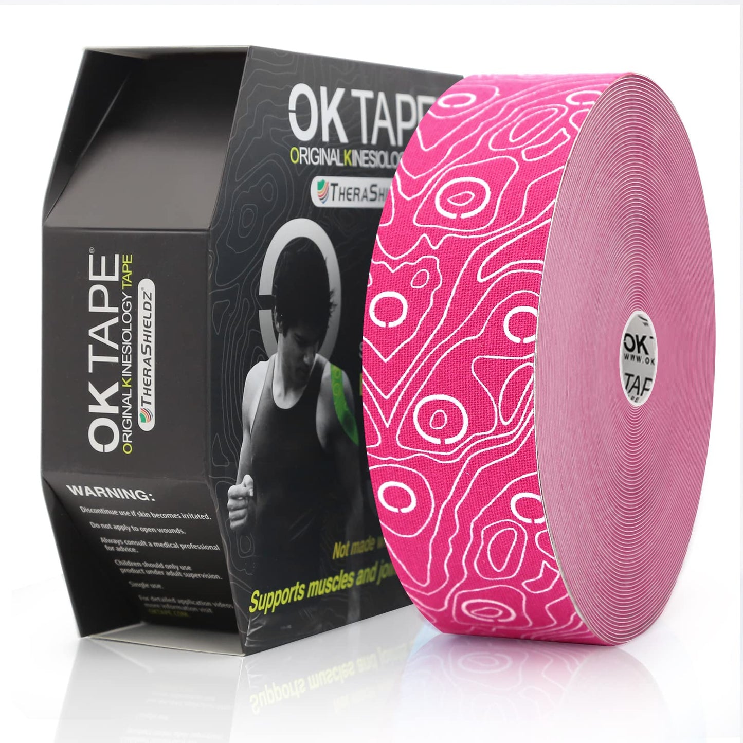 (2in X 103 Feet) OK TAPE PRO Bulk Kinesiology Tape, Original Elastic Latex Free Kinesiology Therapeutic Tape, Free Cut Printed, Pink+White