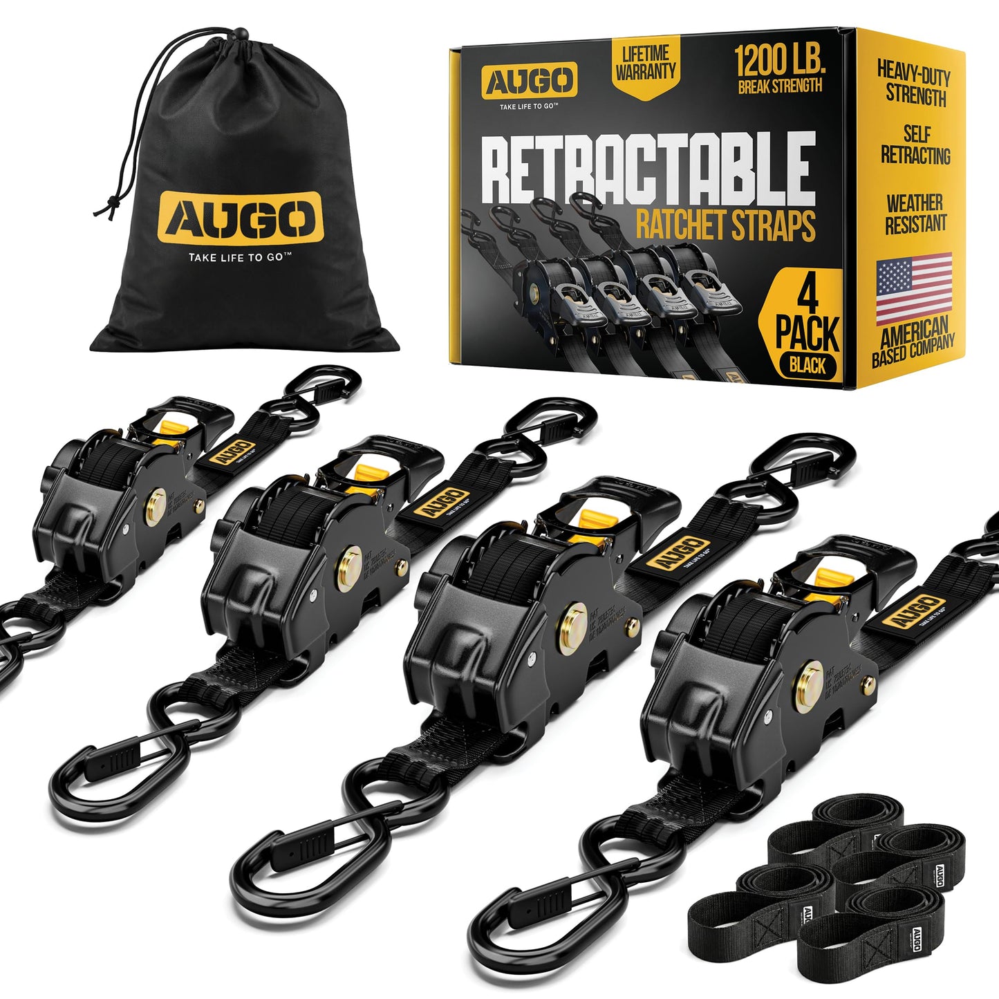 AUGO Retractable Ratchet Straps | 4 Heavy Duty Ratchet Straps Self Retractable Tie Down Straps with Soft Loops & Storage Bag for Motorcycle, Truck, Trailer, Cargo Van | 1200 Lb Break Strength 1” x 10’