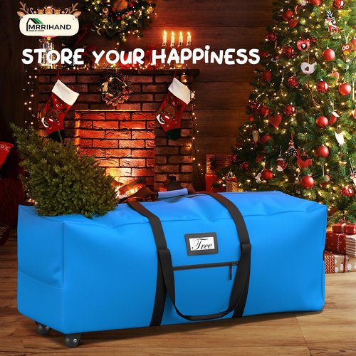 Mrrihand Christmas Tree Storage Bag, Large Artificial Anti-Tear Heavy-Duty 600D Oxford Cloth Xmax Christmas Tree Storage Box with Rolling Wheels, Christmas Tree Storage Container (Bright Blue, 9Ft)