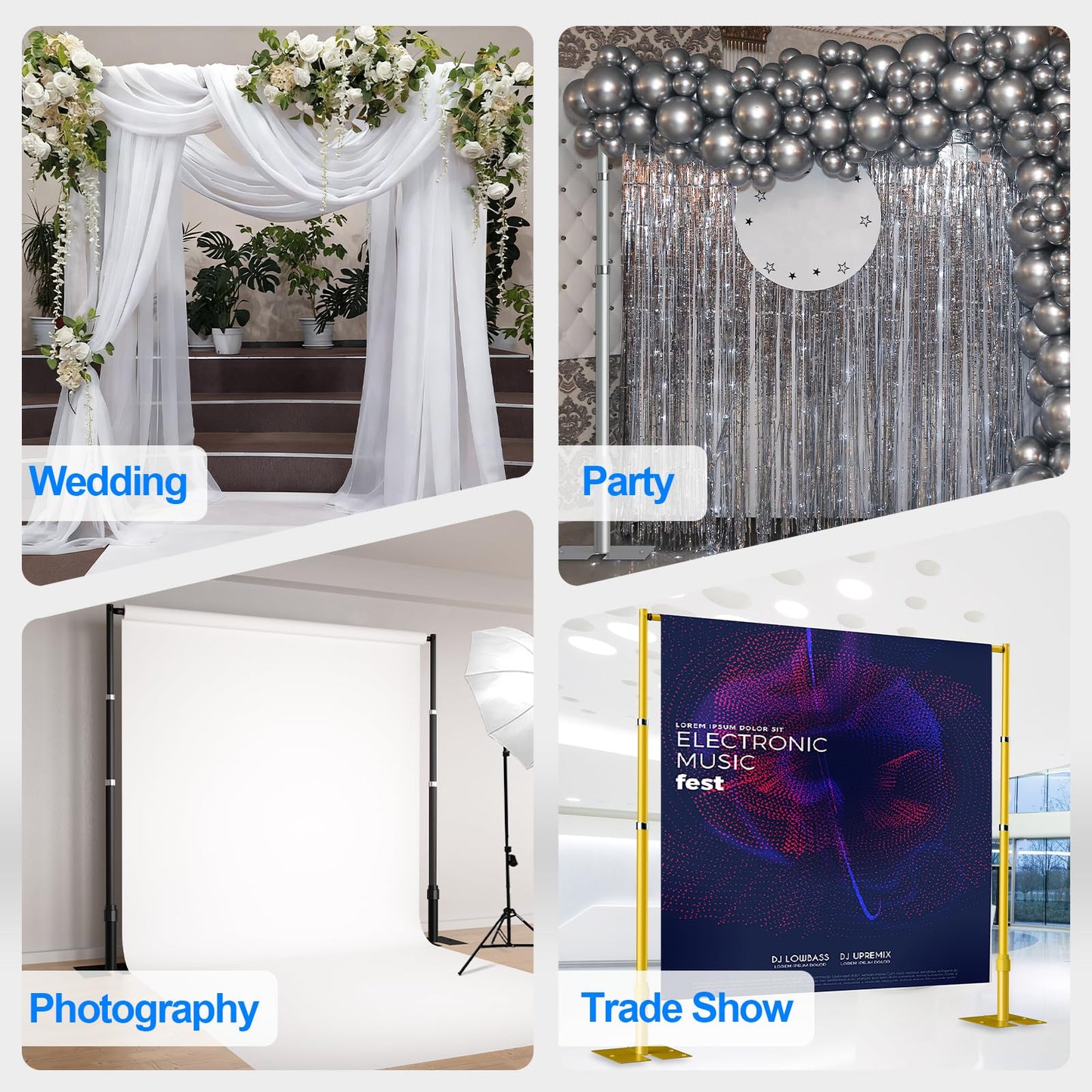 GLOSHOOTING Pipe and Drape Backdrop Stand Kit, Heavy Duty Backdrop Stand 8.9ftx10ft, Adjustable Background Stand for Photography, Wedding, Party, Events Decoration