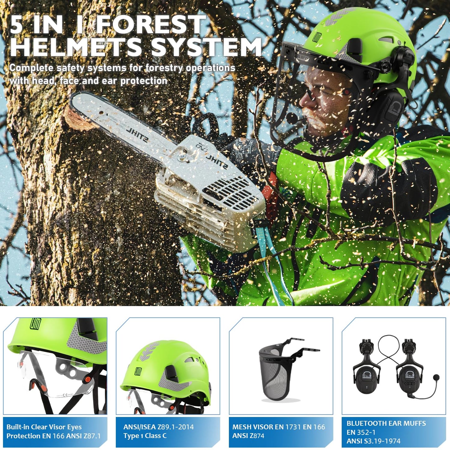UM ULTRAMAXX Forestry Safety Helmet with Built-in Visor, Mesh Face Shield, and Bluetooth Ear Muffs, 5 in 1 Arborist Hard Hat for Chainsaw, Logging, and Garden Work, ANSI Z89.1 Certified, Green