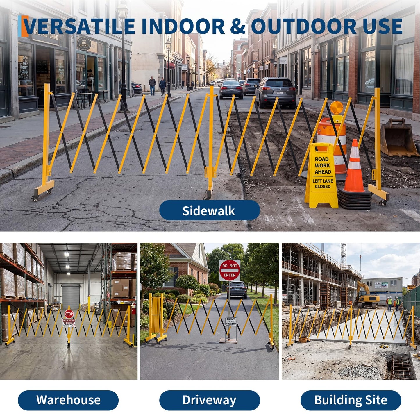 23FT Metal Expandable Mobile Barricade,Industrial Folding Security Gate Driveway Gate, Retractable Retractable Gate Outdoor,Folding Safety Barricade with Casters