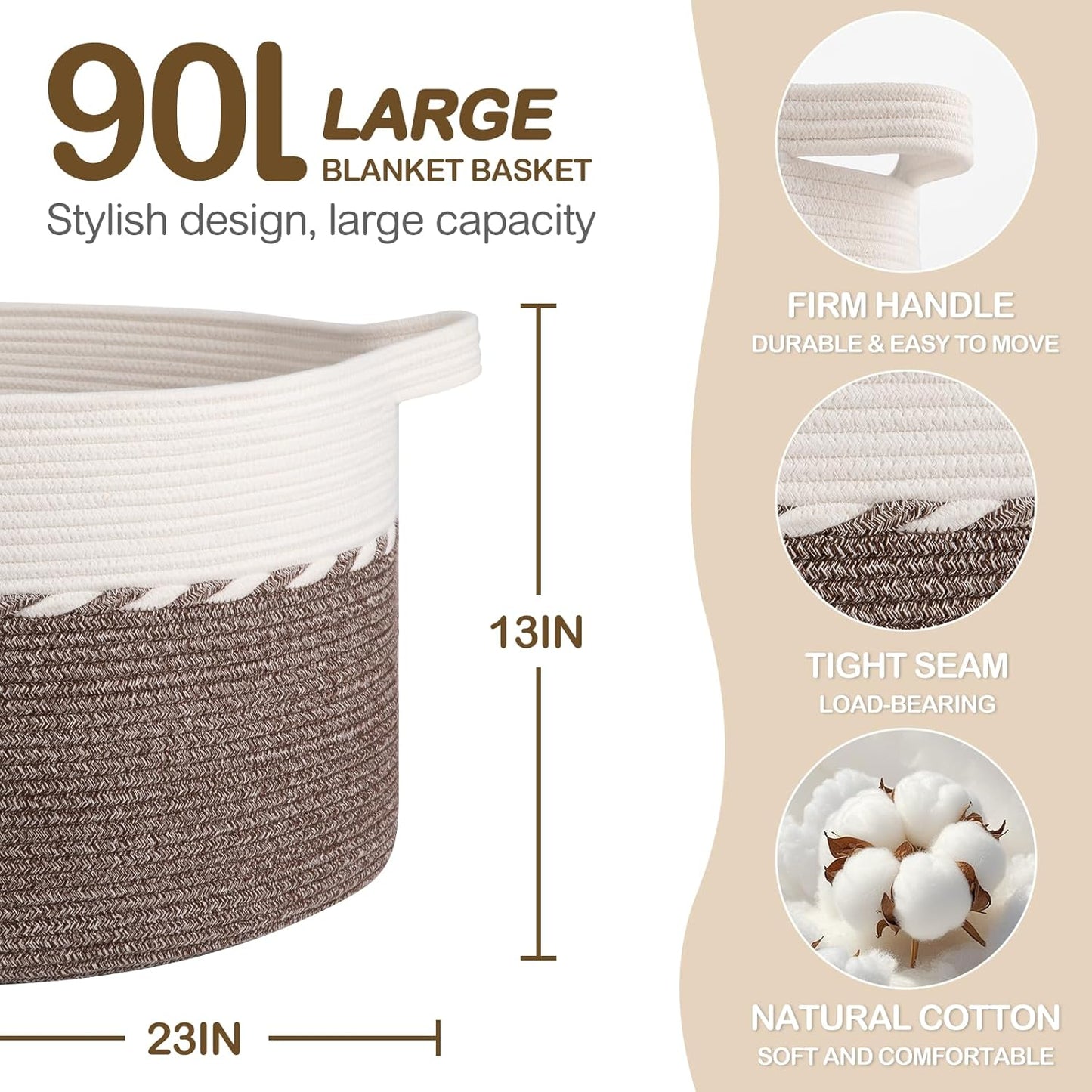 OIAHOMY 90L Blanket Basket - Large 23" x 23" x 13" Storage Solution with Handles for Laundry, Toys & More - Brown & White