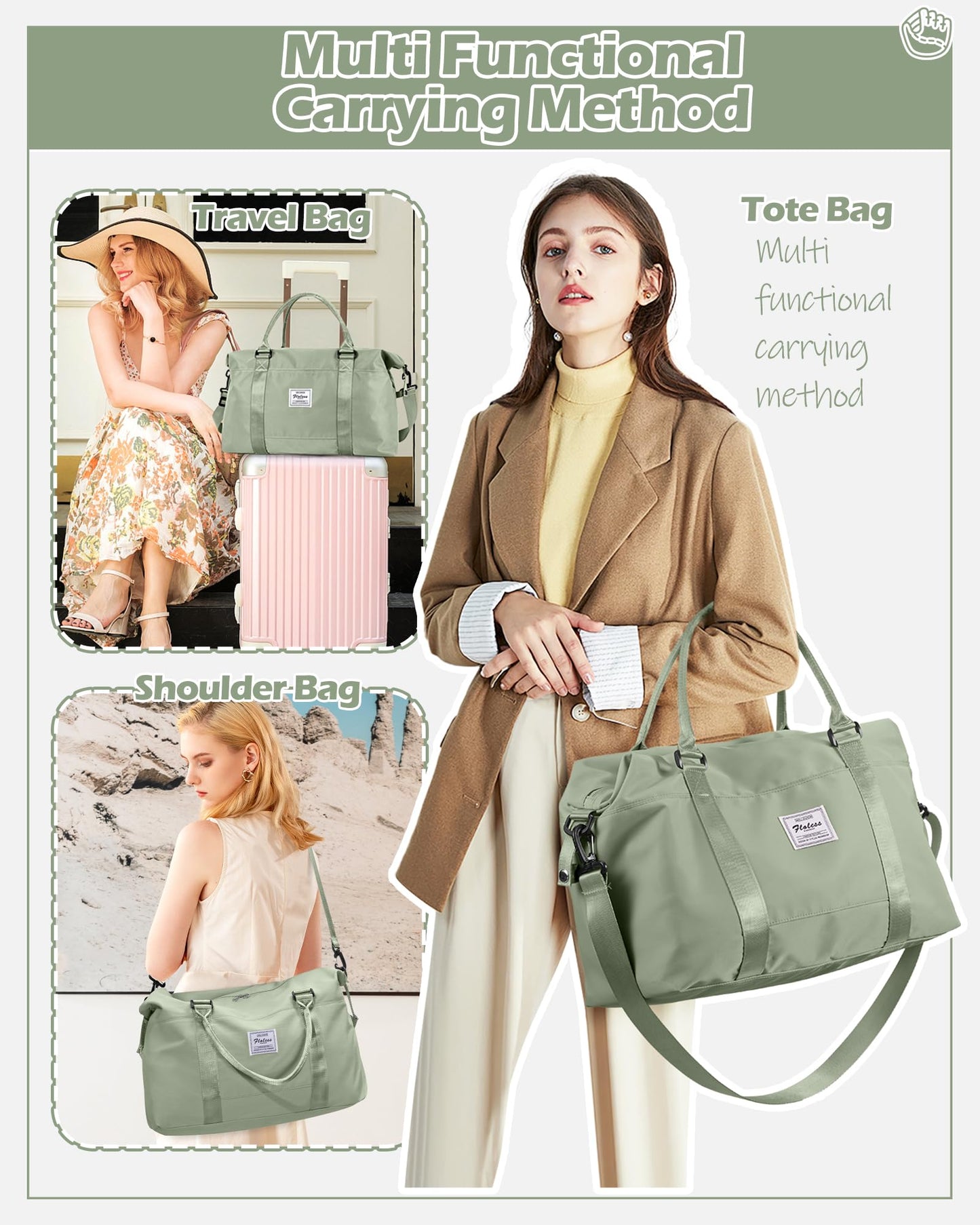 Travel Duffel Bags for Women Mens Waterproof Weekender Carry on Bag Sports Gym Bag Travel Tote Bags with Wet Pocket Overnight Bag Workout Duffel Bags with Trolley Sleeve Grey Green