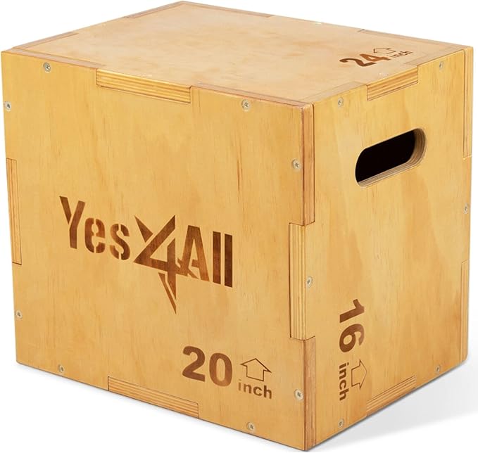 Yes4All Plyo Box, 3-in-1 Wooden Box Jumps for Home Gym (12/14/16?¯in), 450 lbs Boxes Step Up with Smooth Edges & Wide Built-in Handles for Jumping, Strength Training, Lunges, Squats, Dips
