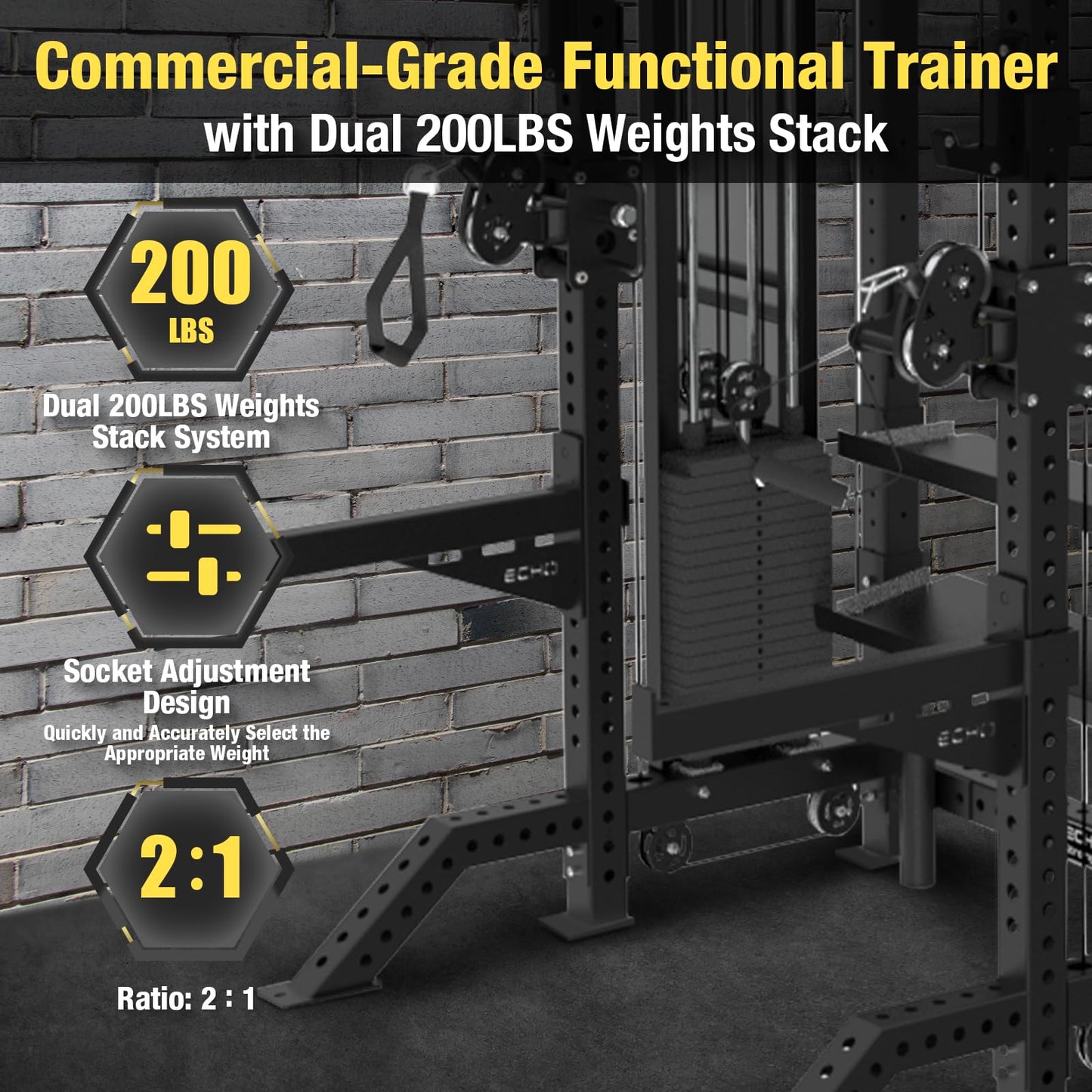 Commercial Functional Trainer Cable Machine with Dual Weight Stacks Power Cage Squat Rack Cable Crossover Exercise Machine with Pulley System All in One Home Gym Systems, Model B
