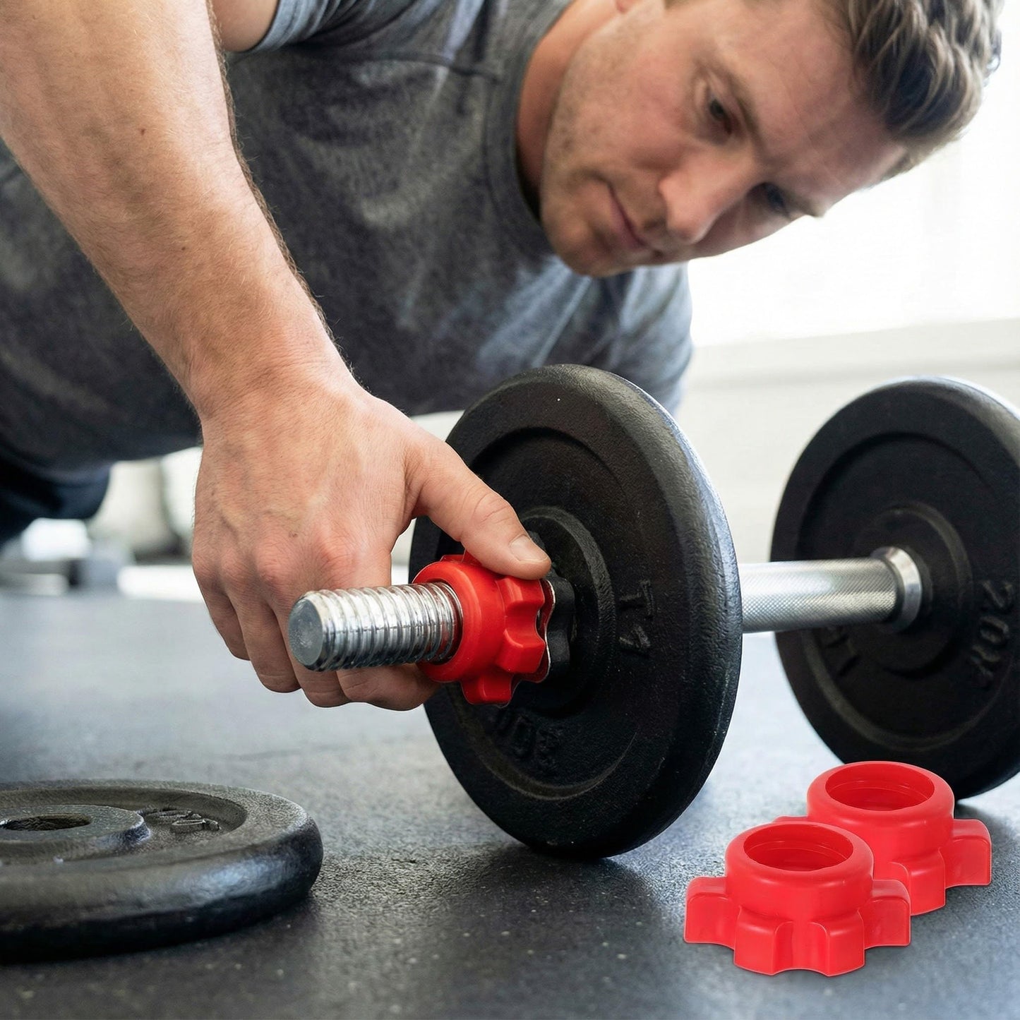 4pcs Dumbbell Hex Nut Plastic Screw for Barbell Dumbbell Collars 1 Inch for Dumbell Weight Lifting Fitness Training Red